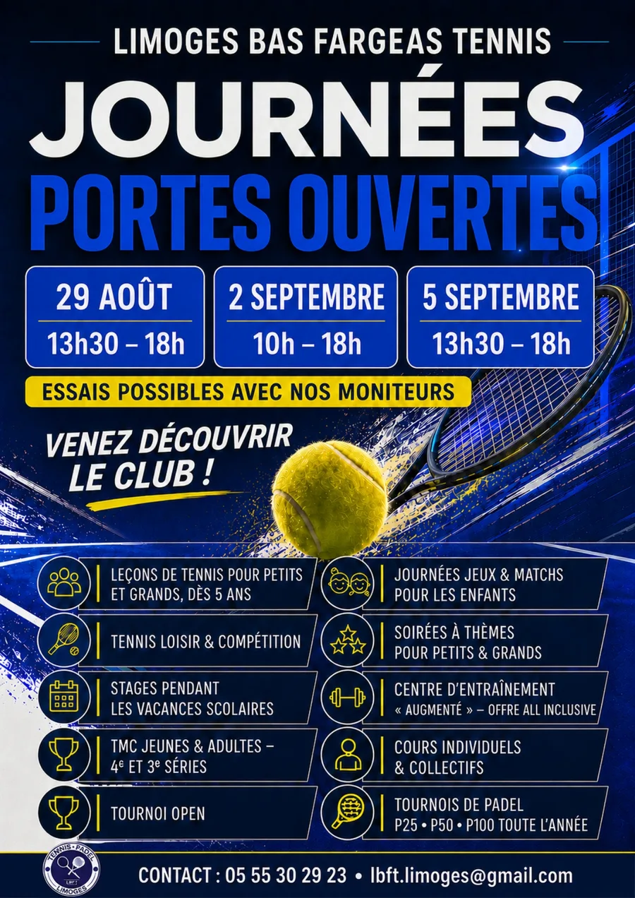Affiche des journées portes ouvertes du Limoges Bas Fargeas Tennis, du 29 août au 5 septembre 2026